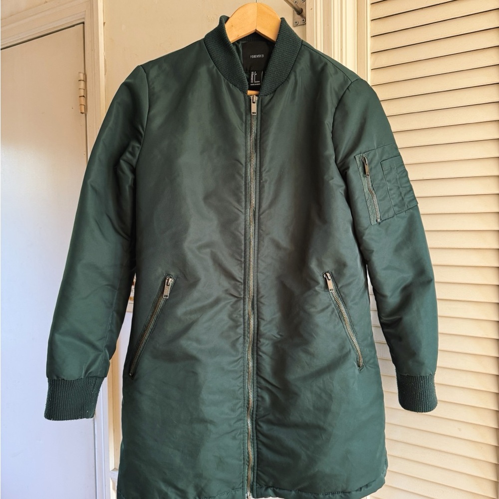 Forever 21 Dark Green Longline Bomber Jacket